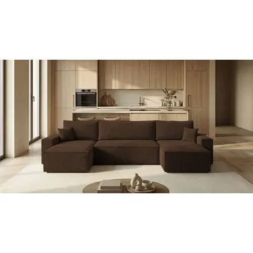 Canapé D'angle California Mini En U Marron Velours Côtelé Poso 6 Fonction Couchage Coffre À Literie