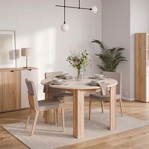 Table ronde Unik Imitation chêne / Grège vue d'ambiance 1