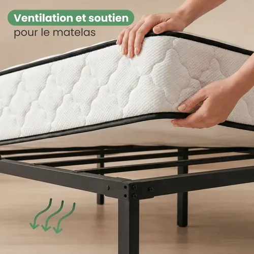 Cadre De Lit Pliable En Métal 90x190 Cm Sommier Noir Lit D'appoint 6 Pieds 10 Lattes