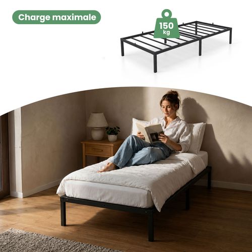 Cadre De Lit Pliable En Métal 90x190 Cm Sommier Noir Lit D'appoint 6 Pieds 10 Lattes