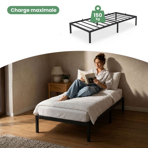 Cadre De Lit Pliable En Métal 90x200 Cm Sommier Noir Lit D'appoint 6 Pieds 10 Lattes