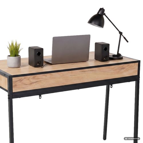Bureau Informatique Style Industriel Chêne Craft Zentia 100 Cm 2 Tiroirs Pieds Noirs