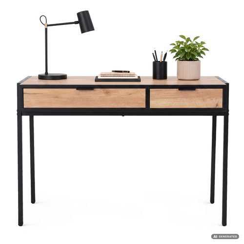 Bureau Informatique Style Industriel Chêne Craft Zentia 100 Cm 2 Tiroirs Pieds Noirs