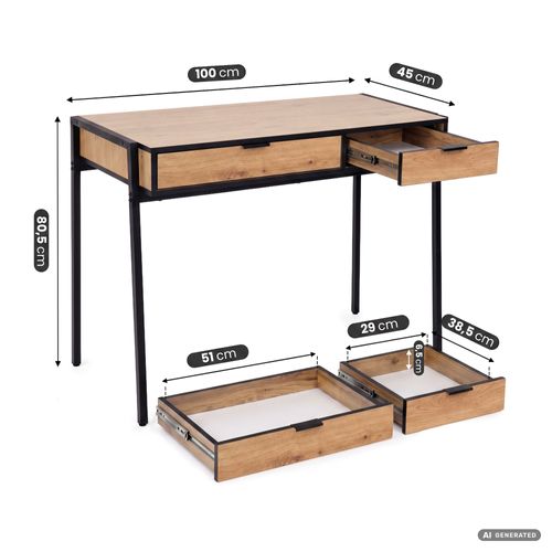 Bureau Informatique Style Industriel Chêne Craft Zentia 100 Cm 2 Tiroirs Pieds Noirs