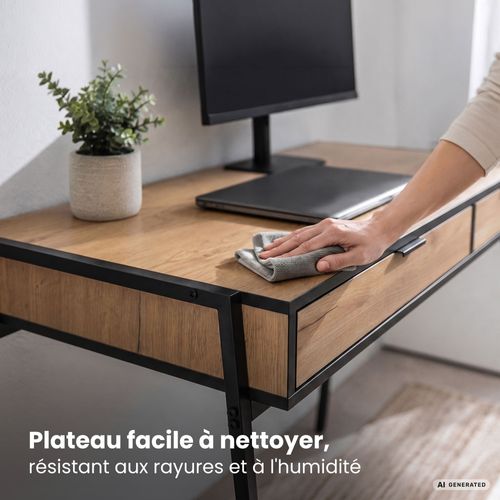 Bureau Informatique Style Industriel Chêne Craft Zentia 100 Cm 2 Tiroirs Pieds Noirs