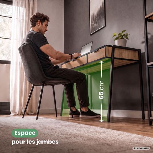 Bureau Informatique Style Industriel Chêne Craft Zentia 100 Cm 2 Tiroirs Pieds Noirs