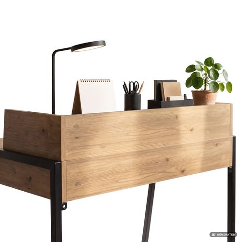 Bureau Informatique Style Industriel Chêne Artisan Flux 78 Cm 2 Tiroirs 1 étagère Pieds Noirs