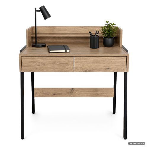 Bureau Informatique Style Industriel Chêne Artisan Flux 78 Cm 2 Tiroirs 1 étagère Pieds Noirs