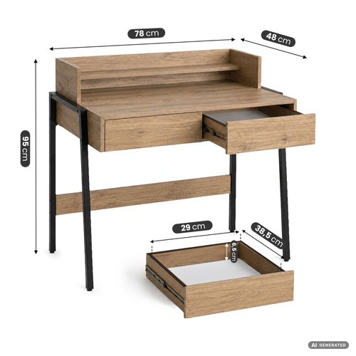 Bureau Informatique Style Industriel Chêne Artisan Flux 78 Cm 2 Tiroirs 1 étagère Pieds Noirs