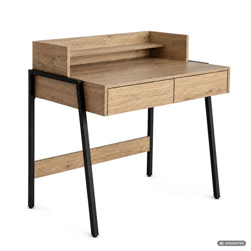 Bureau Informatique Style Industriel Chêne Artisan Flux 78 Cm 2 Tiroirs 1 étagère Pieds Noirs