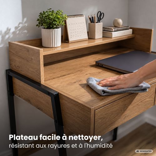 Bureau Informatique Style Industriel Chêne Artisan Flux 78 Cm 2 Tiroirs 1 étagère Pieds Noirs