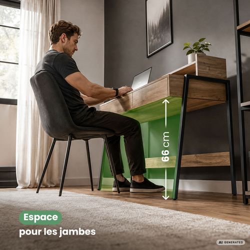 Bureau Informatique Style Industriel Chêne Artisan Flux 78 Cm 2 Tiroirs 1 étagère Pieds Noirs