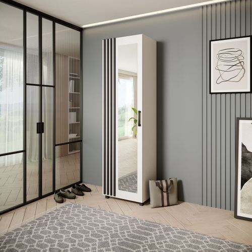 Armoire LIVIA - Haute Armoire Avec Porte Et Miroir Et Lattes, Blanche