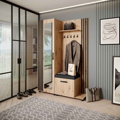 Set De Vestiaire LIVIA - Armoire Avec Cintres Et Miroir 207 cm, Chêne Artisanal + Noir, Côté Droite
