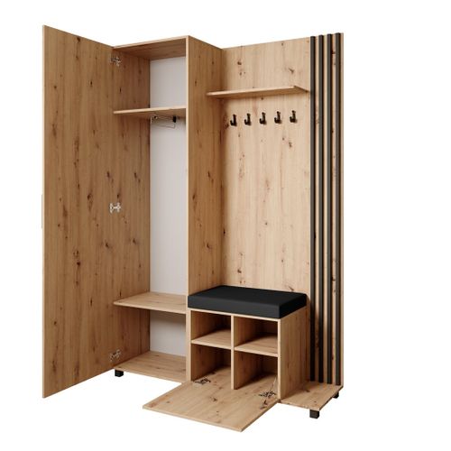 Set De Vestiaire LIVIA - Armoire Avec Cintres Et Miroir 207 cm, Chêne Artisanal + Noir, Côté Droite