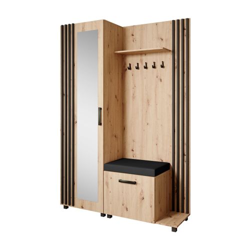 Set De Vestiaire LIVIA - Armoire Avec Cintres Et Miroir 207 cm, Chêne Artisanal + Noir, Côté Droite