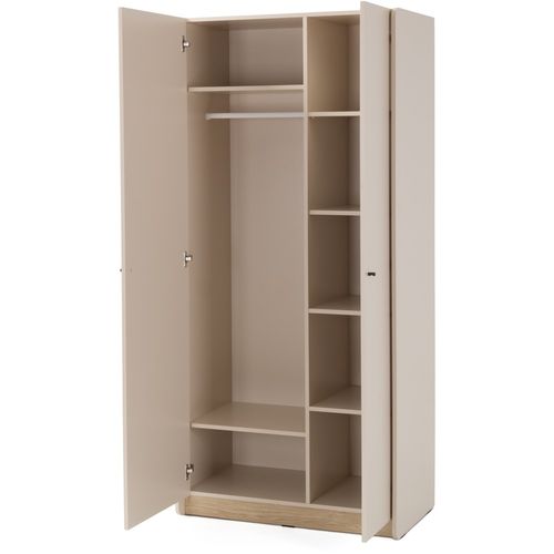 Armoire Alex, 2 Portes, 90×195 Cm, Avec Tringle à Vêtements Et 8 Étagères, Couleur : Beige Sable