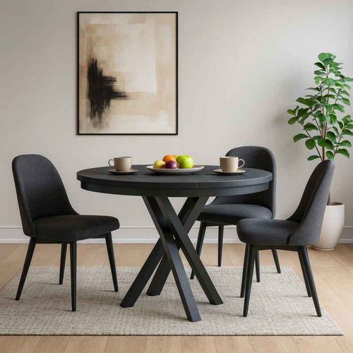 Table Ronde Kris Ø 100–140 cm Extensible, Pieds En Métal, Style Loft, Couleur : Noir/noir