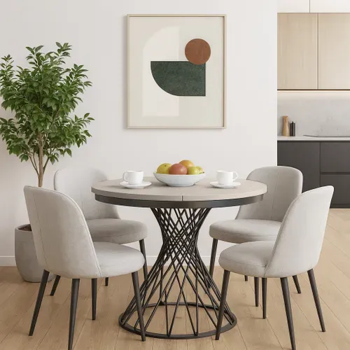 Table Ronde Laura Ø 100–140 Cm Extensible, Pieds En Métal, Style Loft, Couleur : Cachemire/noir