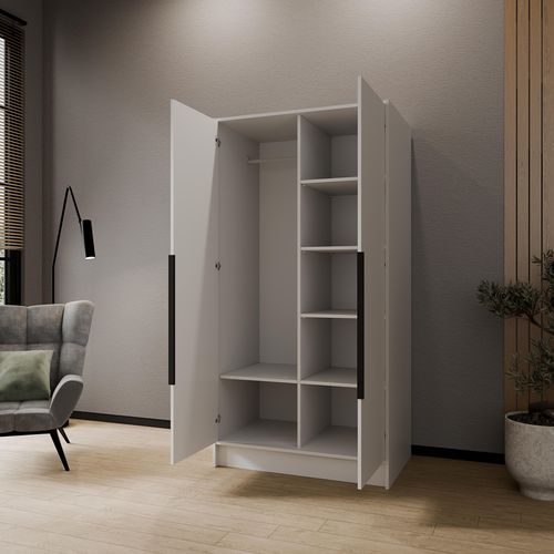 Armoire Pavia 100cm - Armoire à 2 Portes Battantes - Blanc Avec Poignées Noires
