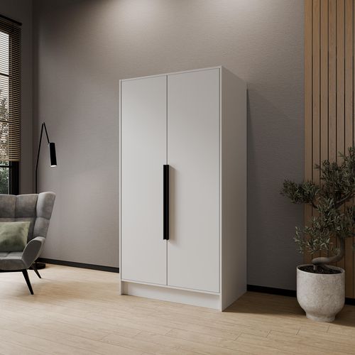 Armoire Pavia 100cm - Armoire à 2 Portes Battantes - Blanc Avec Poignées Noires