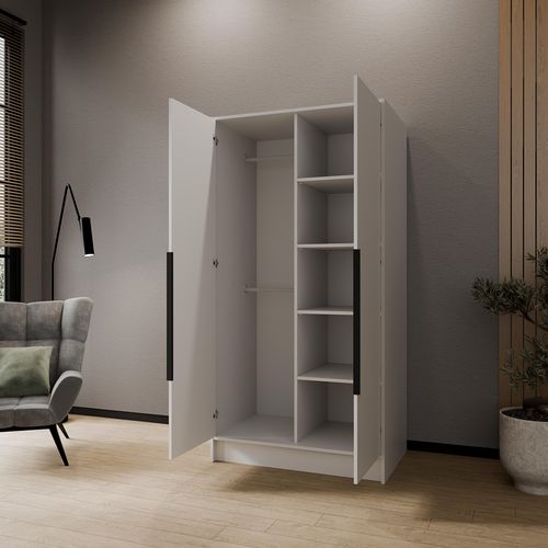 Armoire Pavia 100cm - Armoire à 2 Portes Battantes - Blanc Avec Poignées Noires