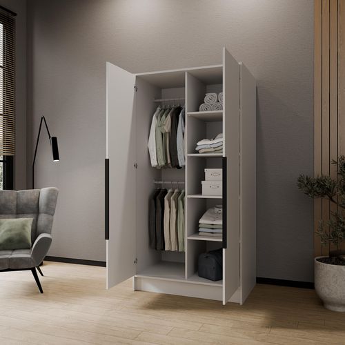 Armoire Pavia 100cm - Armoire à 2 Portes Battantes - Blanc Avec Poignées Noires