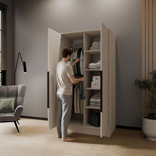 Armoire Pavia 100cm - Armoire à 2 Portes Battantes - Blanc Avec Poignées Noires