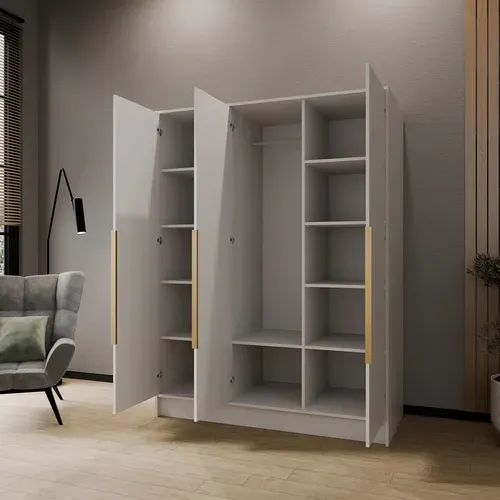Armoire Pavia 150cm - Armoire à 3 Portes Battantes - Blanc Avec Poignées Dorées