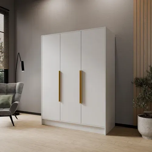 Armoire Pavia 150cm - Armoire à 3 Portes Battantes - Blanc Avec Poignées Dorées