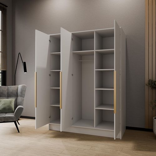 Armoire Pavia 150cm - Armoire à 3 Portes Battantes - Blanc Avec Poignées Dorées
