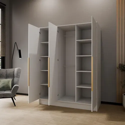 Armoire Pavia 150cm - Armoire à 3 Portes Battantes - Blanc Avec Poignées Dorées