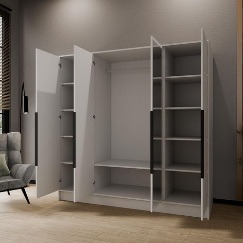 Armoire à Portes Battantes LARO 200 cm - Avec Miroir, Blanc Avec Poignées Noires
