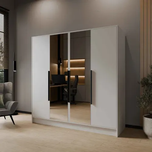 Armoire à Portes Battantes LARO 200 cm - Avec Miroir, Blanc Avec Poignées Noires