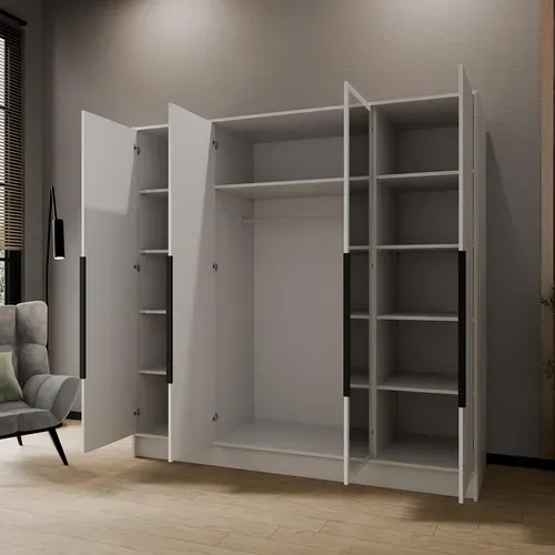 Armoire à Portes Battantes LARO 200 cm - Avec Miroir, Blanc Avec Poignées Noires