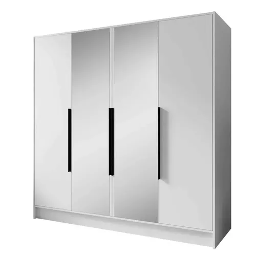 Armoire à Portes Battantes LARO 200 cm - Avec Miroir, Blanc Avec Poignées Noires
