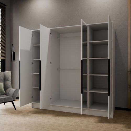 Armoire à Portes Battantes LARO 200 cm - Avec Miroir, Blanc Avec Poignées Noires