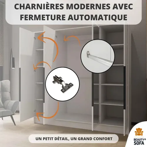 Armoire à Portes Battantes LARO 200 cm - Avec Miroir, Blanc Avec Poignées Noires