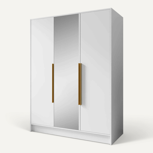 Armoire à Portes Battantes LARO 150 cm - Avec Miroir, Blanc Avec Poignées Dorées