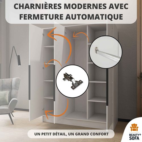 Armoire à Portes Battantes LARO 150 cm - Avec Miroir, Blanc Avec Poignées Dorées