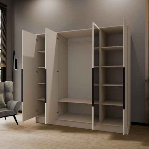 Armoire à Portes Battantes LARO 200 cm - Avec Miroir, Cachemire Avec Poignées Noires