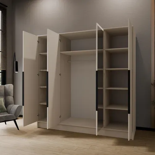 Armoire à Portes Battantes LARO 200 cm - Avec Miroir, Cachemire Avec Poignées Noires