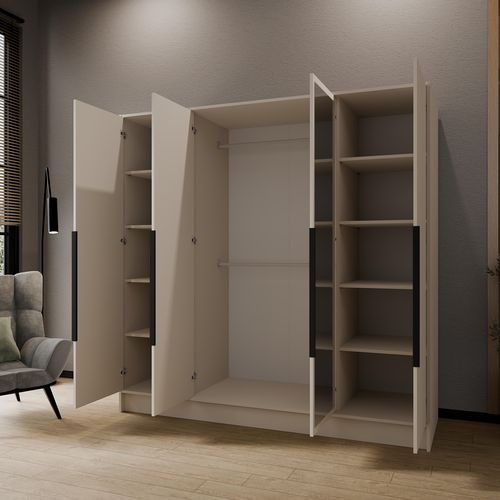 Armoire à Portes Battantes LARO 200 cm - Avec Miroir, Cachemire Avec Poignées Noires