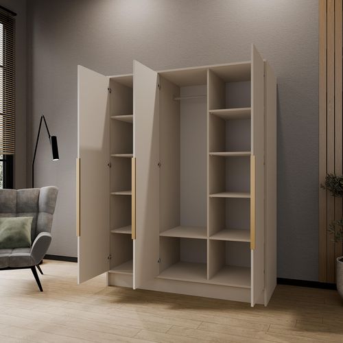 Armoire à Portes Battantes LARO 150 cm - Avec Miroir, Cachemire Avec Poignées Dorées