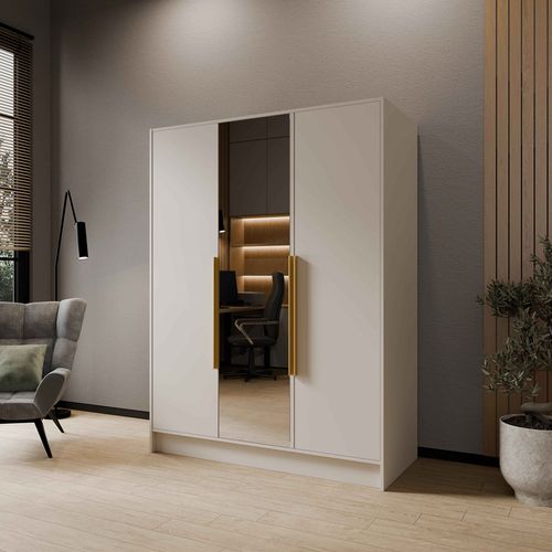 Armoire à Portes Battantes LARO 150 cm - Avec Miroir, Cachemire Avec Poignées Dorées