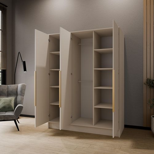 Armoire à Portes Battantes LARO 150 cm - Avec Miroir, Cachemire Avec Poignées Dorées