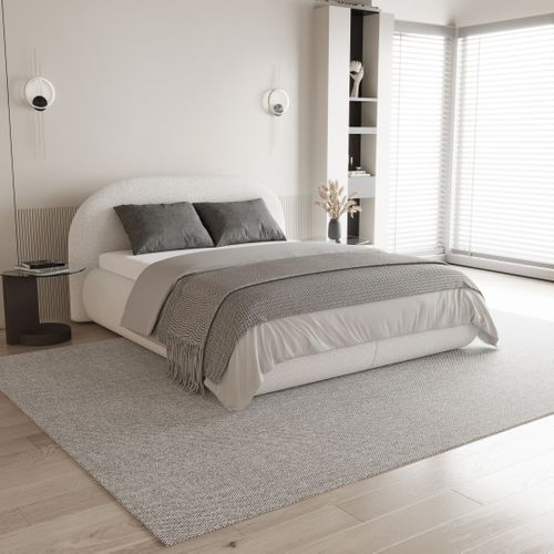 Lit Coffre Double Motti 180x200 cm - Lit Avec Tête De Lit Et Rangement, Bouclé Crème