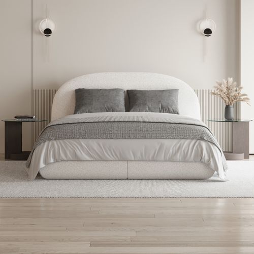 Lit Coffre Double Motti 180x200 cm - Lit Avec Tête De Lit Et Rangement, Bouclé Crème