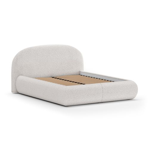 Lit Coffre Double Motti 180x200 cm - Lit Avec Tête De Lit Et Rangement, Bouclé Crème