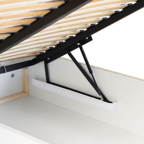 Lit Coffre Double Motti 180x200 cm - Lit Avec Tête De Lit Et Rangement, Bouclé Crème